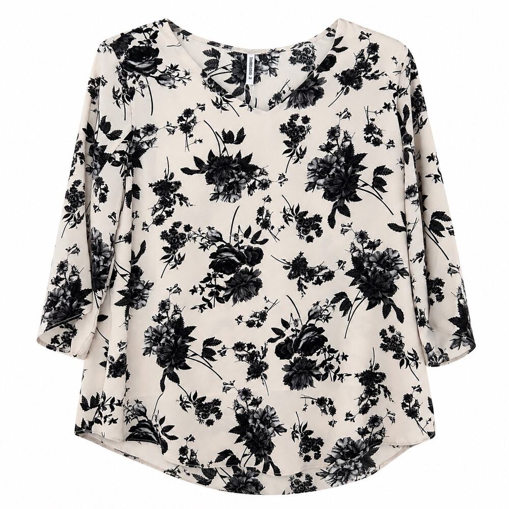 White flowy blouse black floral print soft v-neck. 3/4 sleeves. Women M